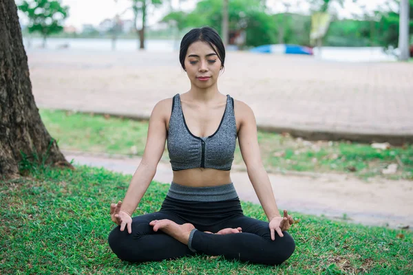 Slim Flicka Spela Yoga Gräsmattan Parken Koppla Framtiden Asiatiska Flickor — Stockfoto