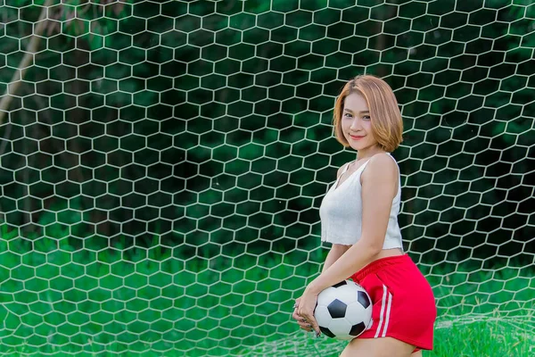 Портрет Сексуальної Азіатської Жінки Сукні Футболіста Концепція Яча Чашки Світу — стокове фото