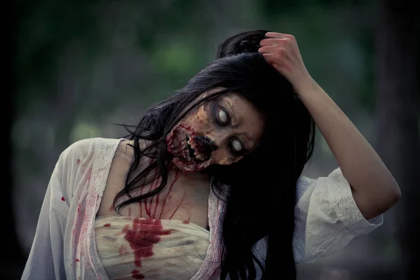 Retrato Mulher Asiática Compõem Fantasma Rosto Com Sangue Cena Terror — Fotografia de Stock