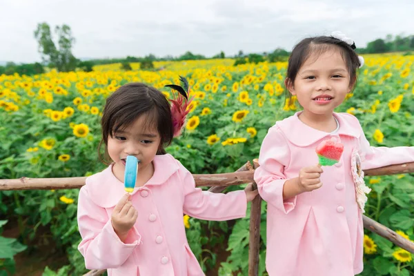 Twee Kinderen Die Ijs Eten Een Zonnebloemenveld Een Zonnige Dag — Stockfoto