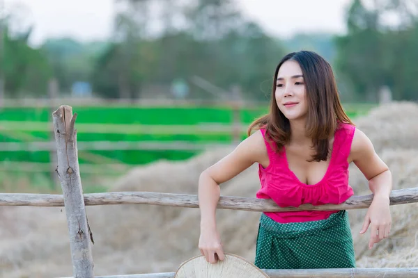 Portrait Beautiful Asian Woman Wear Countryside Dress Thai Field Thailand — Stock Photo, Image