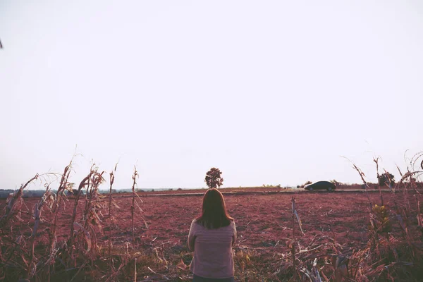 孤独な女性だけのフィールドに肖像画 ヴィンテージフィルタスタイル 彼女は愛からハートブレイク 日没のヴィンテージスタイルの悲しい女の子のコンセプト — ストック写真