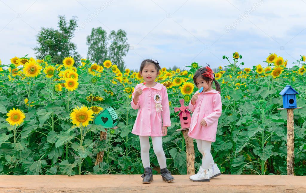 Two children eating ice cream at sunflowers field in a sunny day