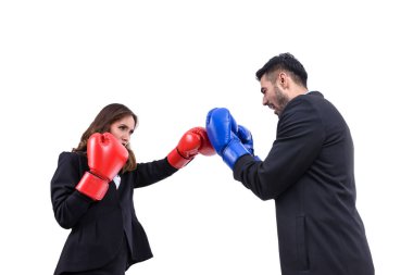 İş adamları boks konsepti, beyaz arka planda kadın kiralık katil
