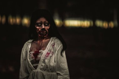 Asyalı kadın portresi kanla, korku sahnesiyle, korkunç geçmişiyle, Cadılar Bayramı posteriyle, Taylandlı insanlarla dolu.