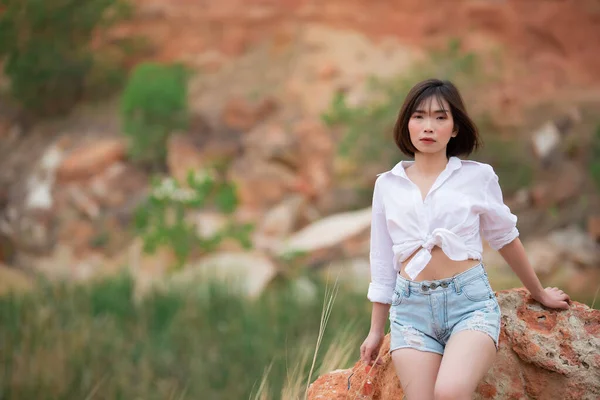 Portrait Asian Beautiful Woman Wear White Shirt Short Denim Thailand — Stock Photo, Image