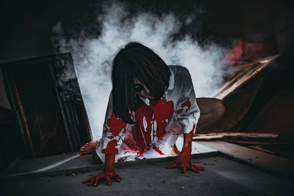 Retrato Mujer Asiática Conforman Cara Fantasma Escena Horror Fondo Miedo —  Fotos de Stock