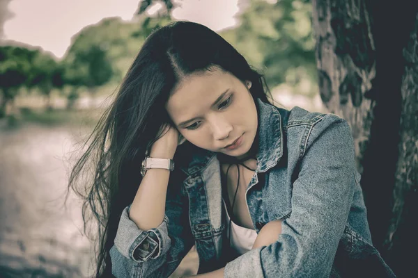 Sad Woman Thinking Something Vintage Style Dark Tone Film Pastel — Stock Photo, Image