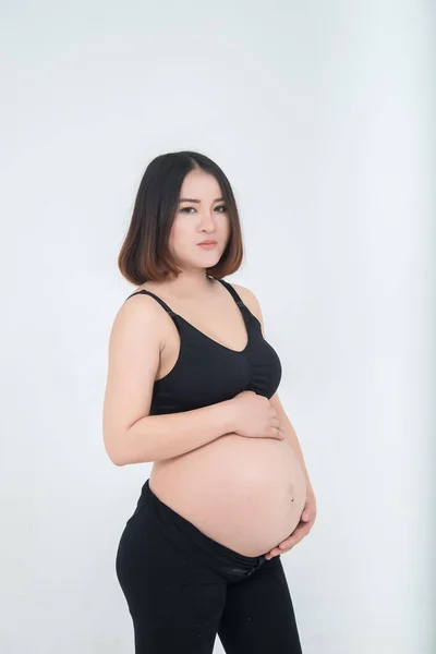 Portretul Femeii Gravide Asiatice Fundal Alb Thailanda Oamenii Folosesc Burta — Fotografie, imagine de stoc