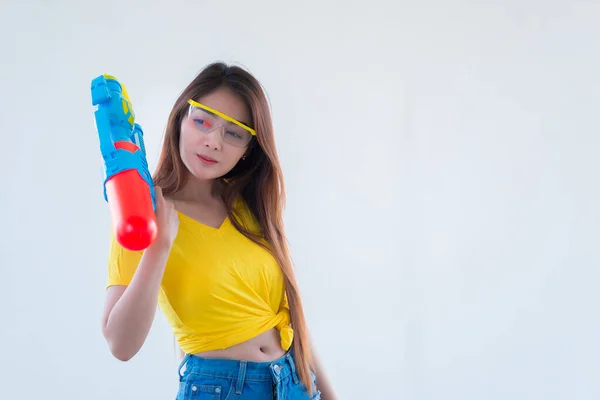 Asian Woman Water Hand White Background Festival Songkran Day Thailand — стокове фото