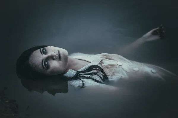 Portrait Asian Woman Make Ghost Face Swamp Horror Scene Scary — Stock Photo, Image