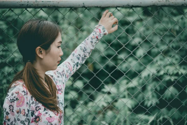 Portrait Sad Woman She Touch Fence Think Something Vintage Style — Stock Photo, Image