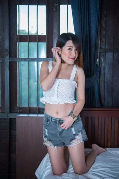 Retrato Bela Mulher Sexy Asiática Quarto Tailândia Pessoas Pose Para — Fotografia de Stock