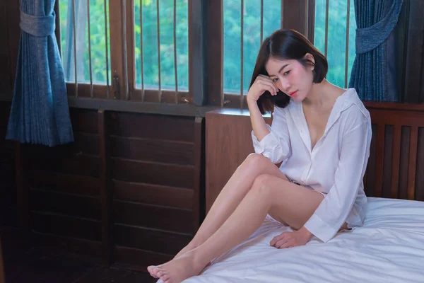 Portrait Belle Femme Asiatique Sexy Dans Chambre Coucher Thaïlande — Photo