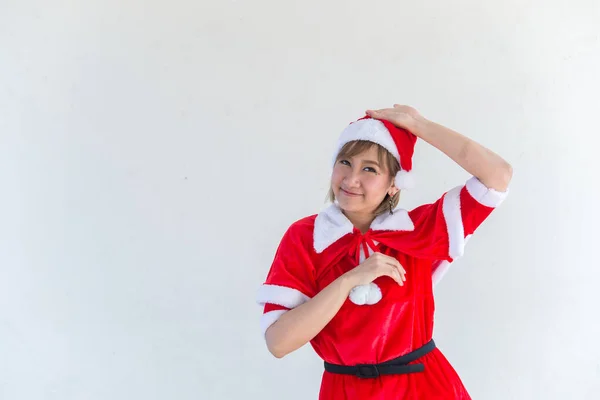 Bella Giovane Donna Asiatica Vestiti Babbo Natale Sfondo Bianco — Foto Stock