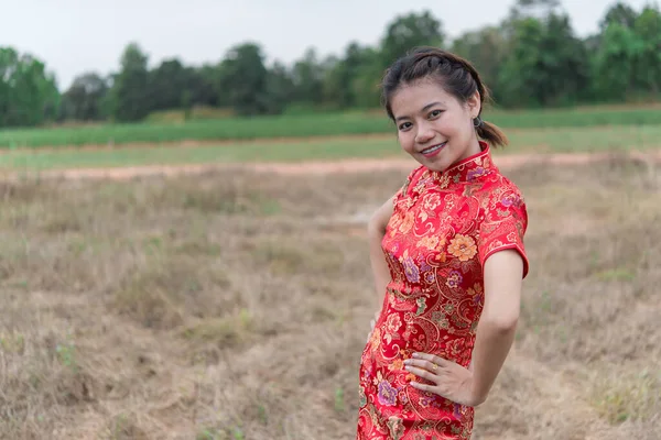 Happy Chinese New Year Asian Woman Wearing Traditional Cheongsam Clothes — Stock Photo, Image