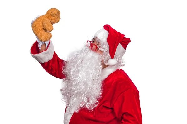 Retrato Santa Claus Com Ursinho Pelúcia Boneca Fundo Branco — Fotografia de Stock