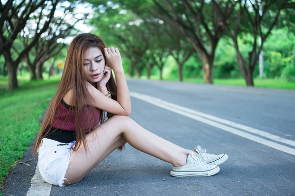 Portrait Asian Young Girl Sit Road Tunnel Trees Beautiful Thai — 图库照片