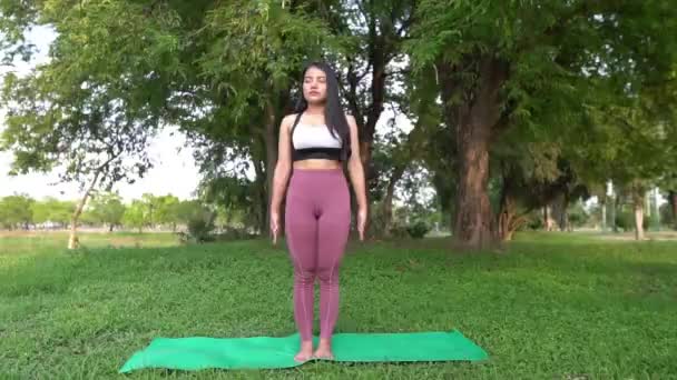 Asiatique Jeune Femme Pratiquant Yoga Dans Parc Journée — Video