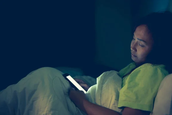 Asian woman play smartphone in the bed at night,Thailand people,Addict  social media,Play internet all night — sleep, attractive - Stock Photo |  #316293564