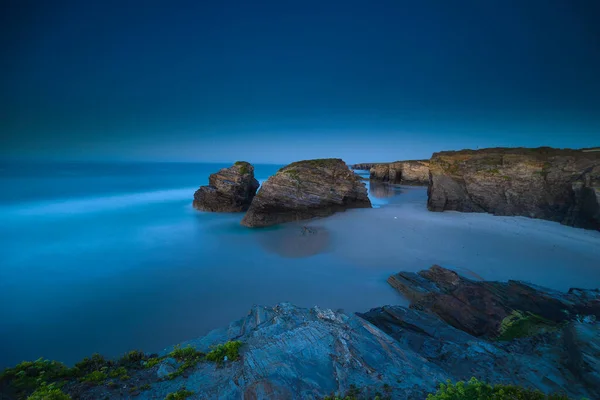 Solnedgång Vid Catedrales Eller Augas Santas Stranden Ribadeo Lugo Galicien Stockfoto