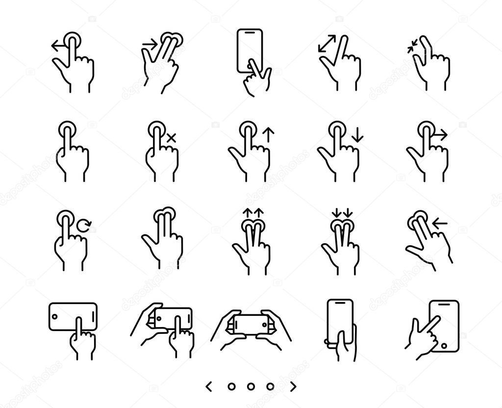 Hand touch screen and holding smartphone line icon set vector