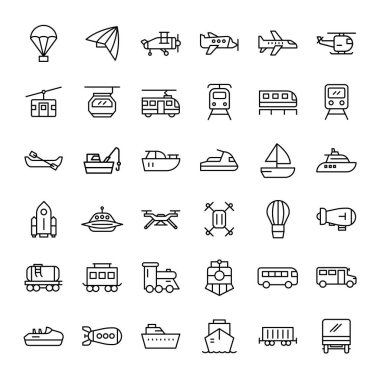 uçak, gemi ve ulaşım 36 ana hat simge vektörü