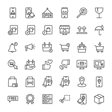 e-ticaret ve çevrimiçi alışveriş 36 ana hatlı ikon vektörü