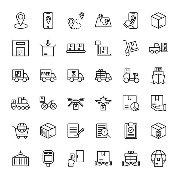 parcel and delivery service 36 outline icons vector