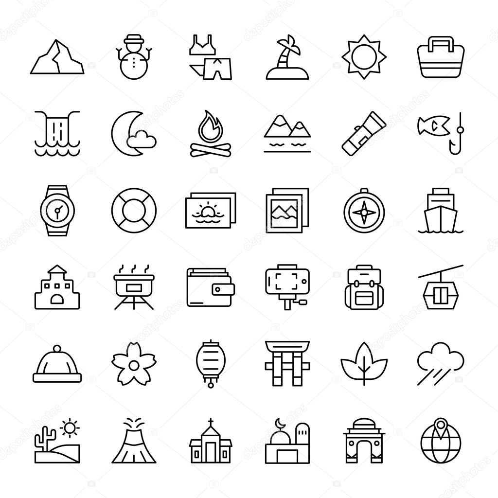 travel and vacation 36 line icons vector