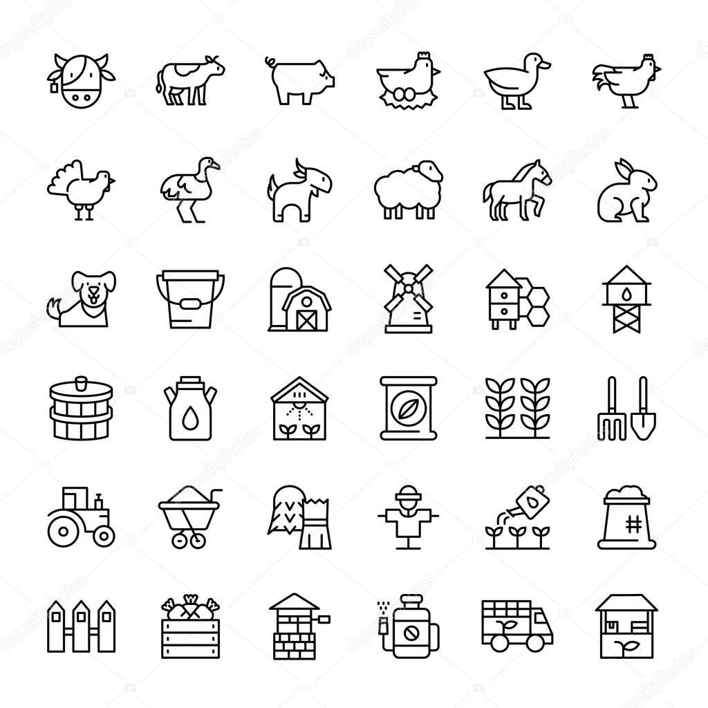 farm and agriculture 36 outline icons vector