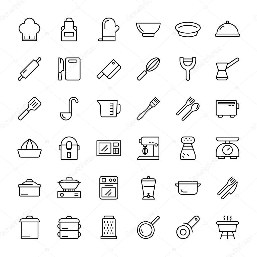 kitchen accessories 36 outline icons vector