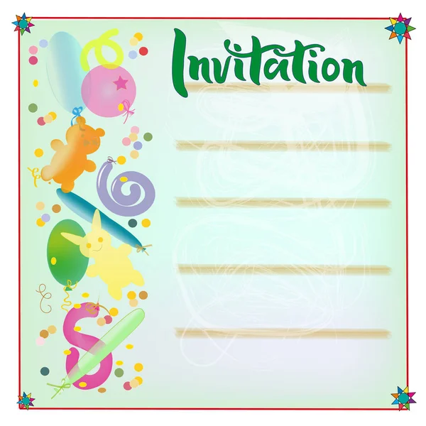 Invitation letter for a children's holiday birthday, on a biue background, for boys, colorful balloons and confetti, blue text, blurred background, a tender and cheerful greeting card. Vector illustration graphics, lettering, calligraphy, typography