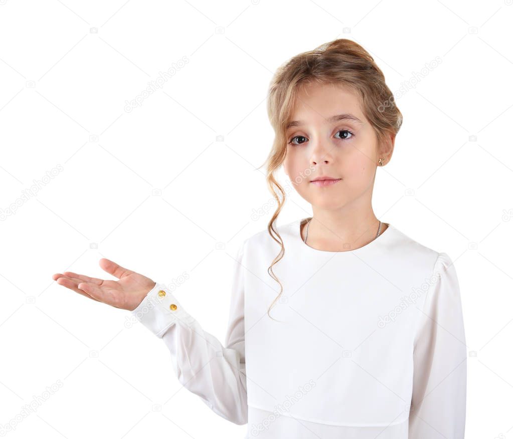 Child,school girl showing hand isolated portrait.