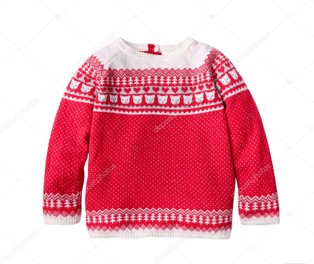 Ornated christmas red child's sweater isolated,winter knitted kids clothes.