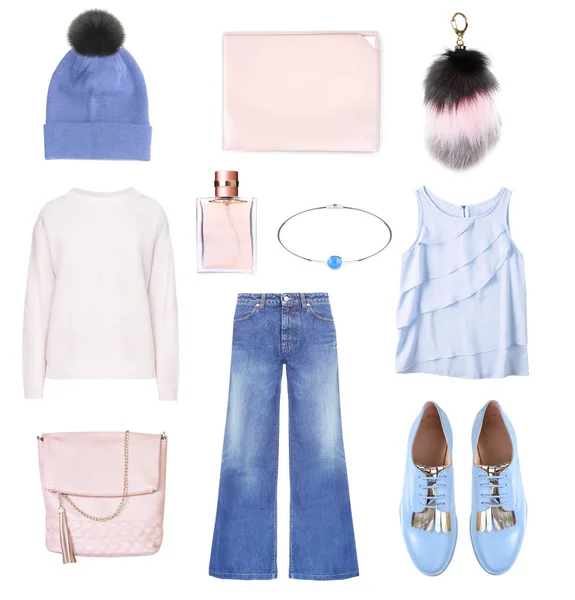 Womens Clothes Set Isolated Female Clothing Accessories Collage Stock