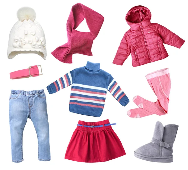 Hainele Iarnă Pentru Copii Set Izolat Îmbrăcăminte Modă Luminoasă Îmbrăcăminte — Fotografie, imagine de stoc