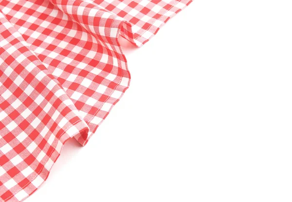 Red picnic towel on white background, checkered napking frame.Gingham cloth empty space backdrop.