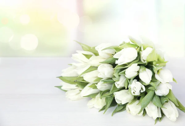 White Tulips Bouquet Table Empty Space Backdrop Women Day Mother — Stock Photo, Image