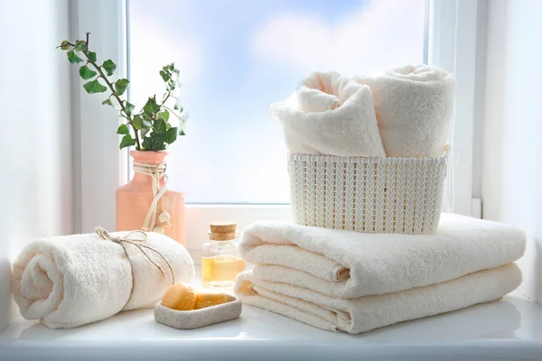 Folded Towels Stack Essential Oil Soap Window Sill Empty Copy — Stock Photo, Image