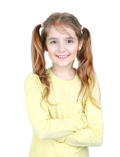 Dziecko Dziewczynka Junior Wieku Stojący Portret Uśmiechniętą Twarz Białym Tle — Zdjęcie stockowe
