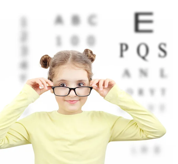 Caucasian Child Girl Glasses Eye Sight Test Eye Revision Letter — Stock Photo, Image