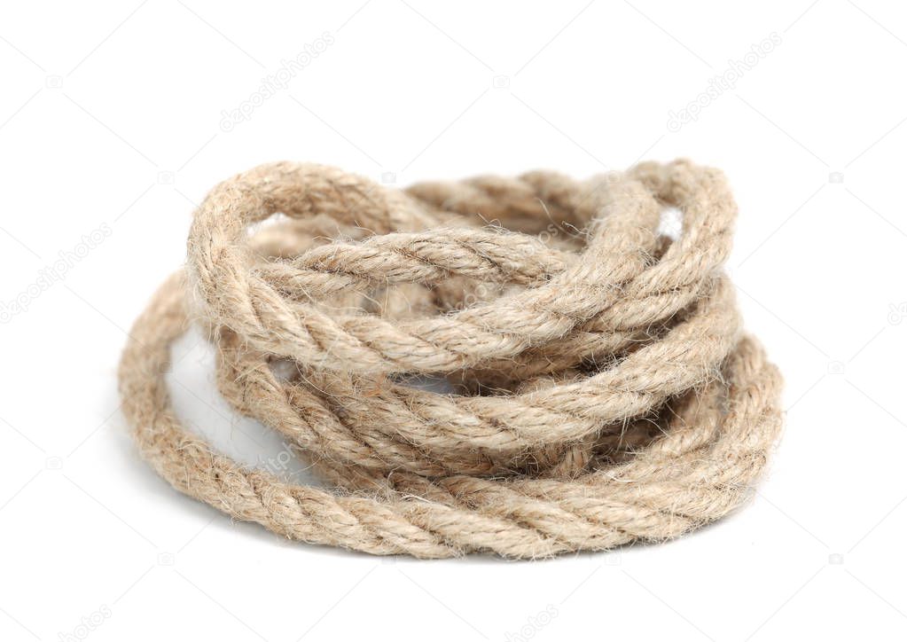 Twine rope rolled up isolated. Marine jute curled.