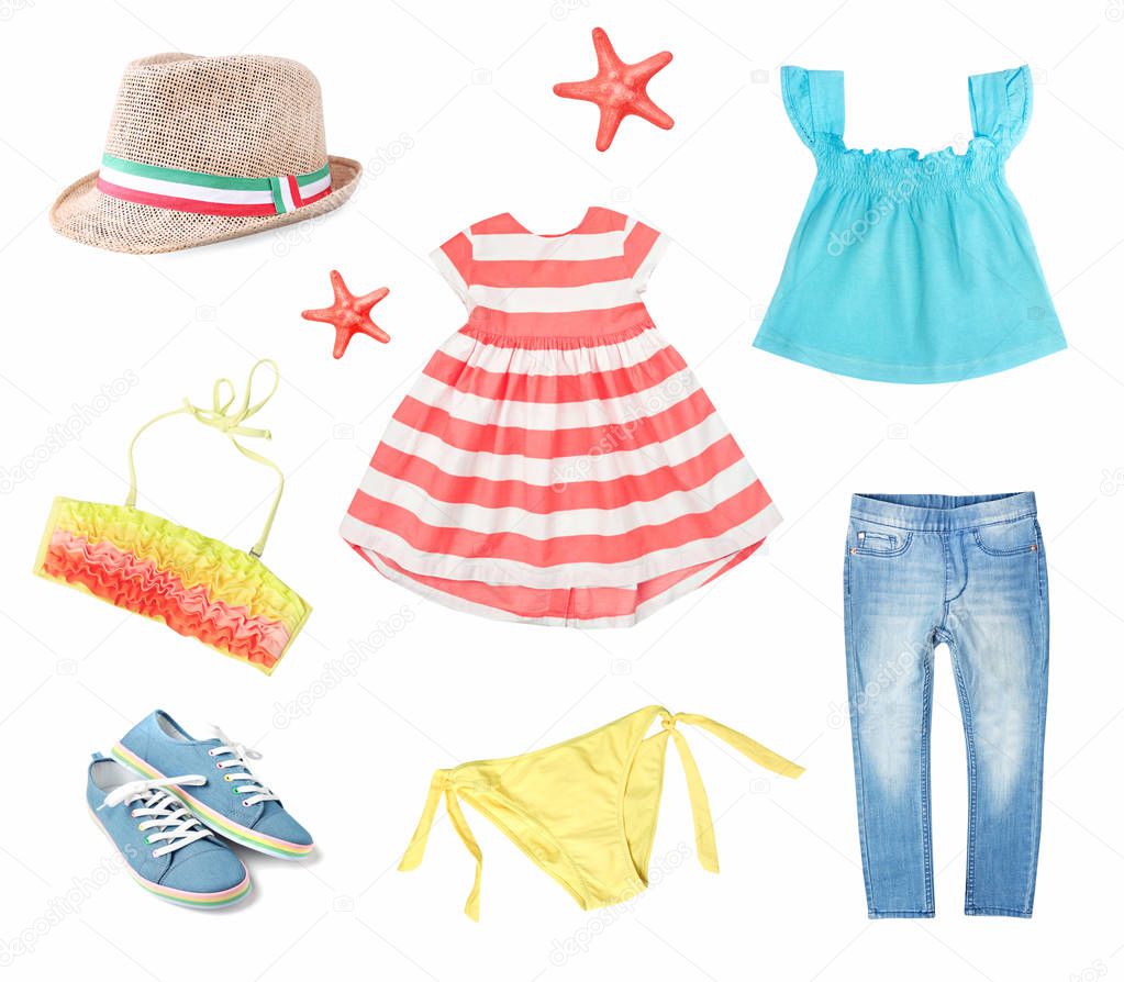 Suumer bright colorful clothes set for child girl isolated.