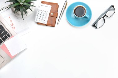 Ofis masası üst görünümü, iş konsepti.