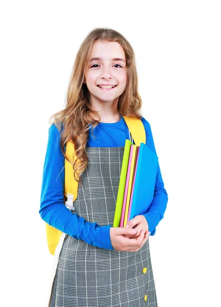 Καυκάσιος Κορίτσι Παιδί Βιβλία Και Σακίδιο Απομονωμένη Μαθητής Χαμογελαστό Έφηβος — Φωτογραφία Αρχείου