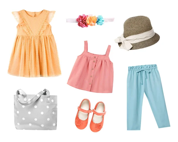 Kinderkleidung Isoliert Weibliche Kinderkleidung Modekollektion Sommerbekleidung Set — Stockfoto