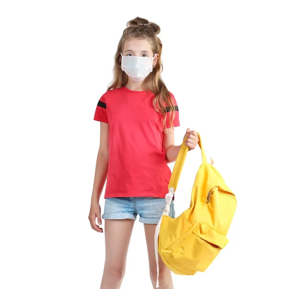 Bambina Maschera Protettiva Con Zaino Scuola Isolato Bianco Coronavirus Quarantena — Foto Stock