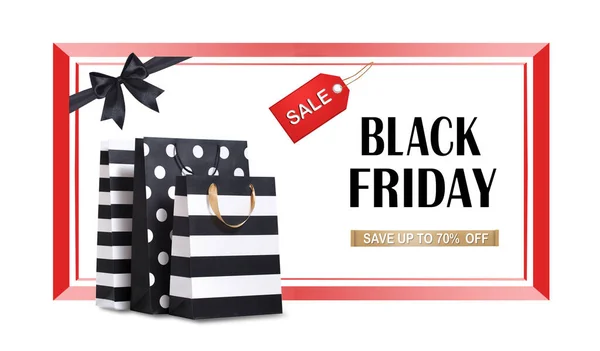 Black friday banner, sale promotion icon.Shopping bags with informative  template on white  background.Advertisement frame.