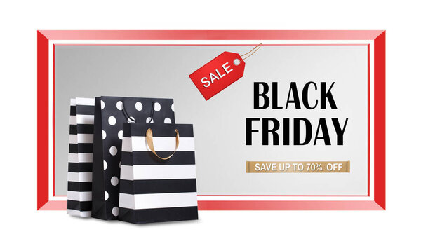 Black Friday banner, sale promotion icon.Shopping bags with informative template on white background.Advertisement frame.